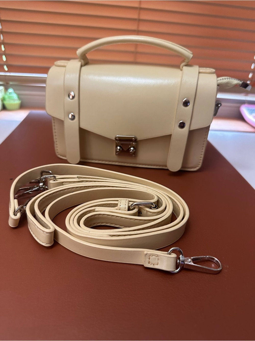Cream Structured Top-Handle Crossbody Bag - Unbranded